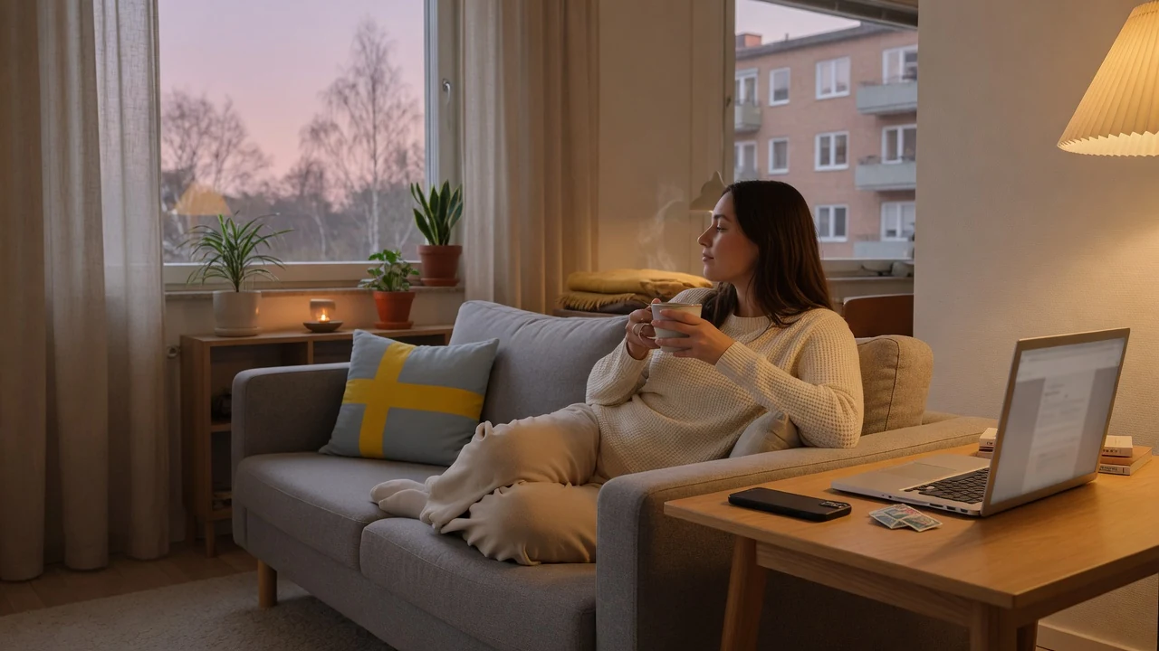 Person i svensk vardagsrum med mobil och kaffe, BankID-casino utan registrering