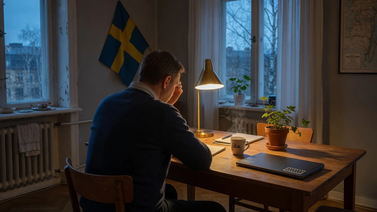 Person vid bord i skymningsbelyst svenskt rum med stängd laptop