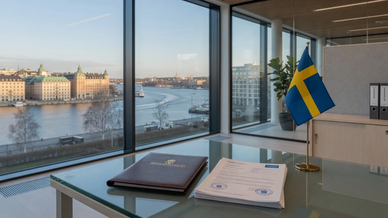 Svenskt licensieringskontor med dokument och svensk flagga