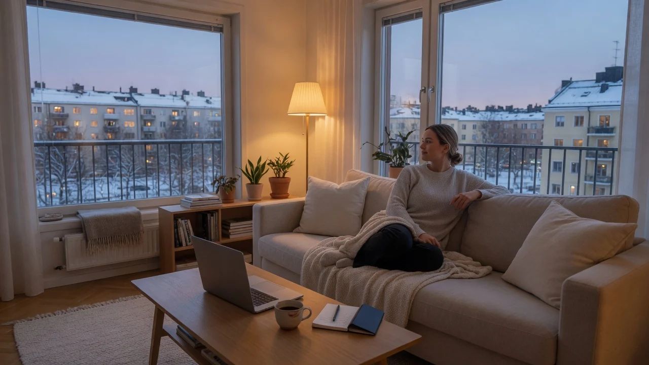 Person i lugn vardagsrum med stängd laptop och snöig kväll utanför fönstret