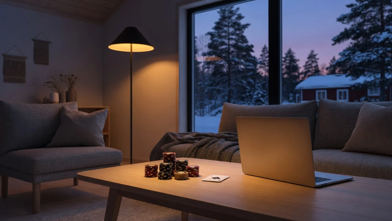 Mysigt skandinaviskt vardagsrum med casinomarker, stängd laptop och vinterutsikt över Sverige.