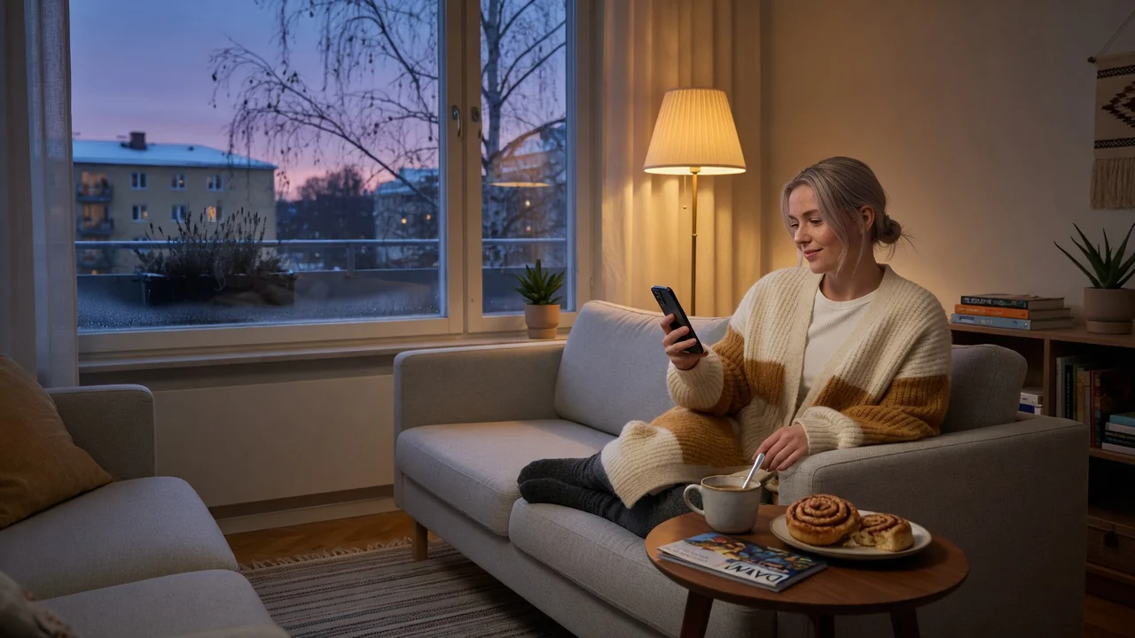 Kvinna med smartphone i mysig svensk lägenhet, kanelbulle och kaffe bredvid