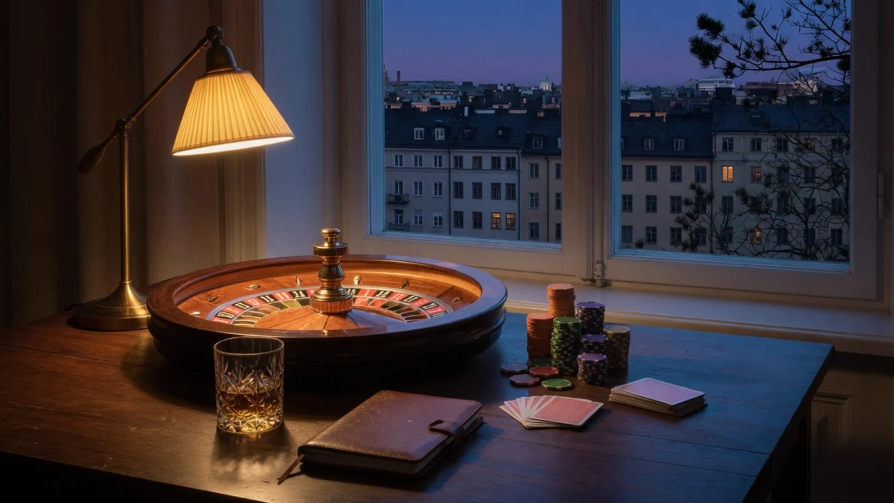 Roulettehjul och casinoföremål på ett bord i en dunkelt upplyst svensk hotellmiljö