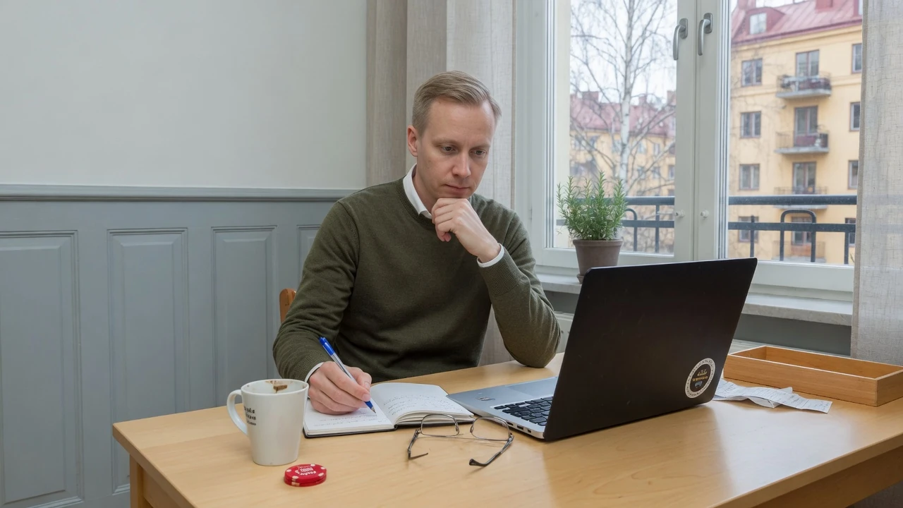 Svensk man vid skrivbord som analyserar spelsstrategi i lugn hemmiljö